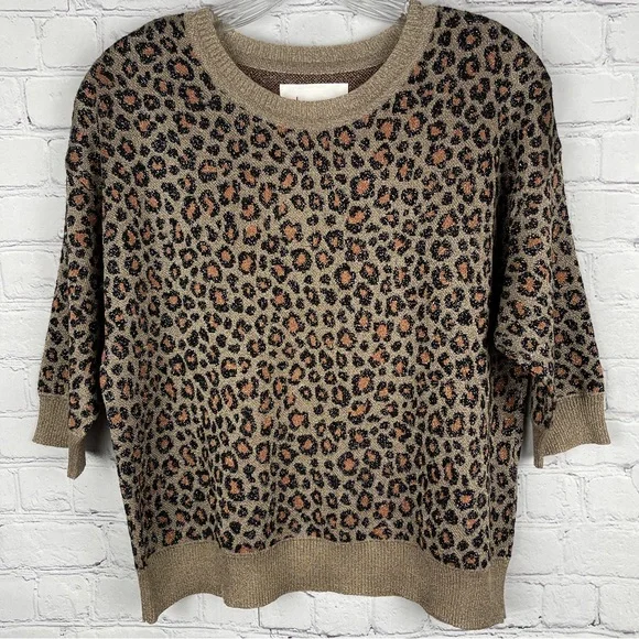 ANTHROPOLOGIE metallic leopard print 3/4 sleeve sweater top, size XS - Picture 2 of 16